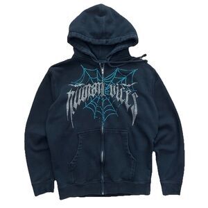 VTG Human Vices Rhinestone Spider Web Full Zip Hoodie Black Sz S Streetwear Y2K